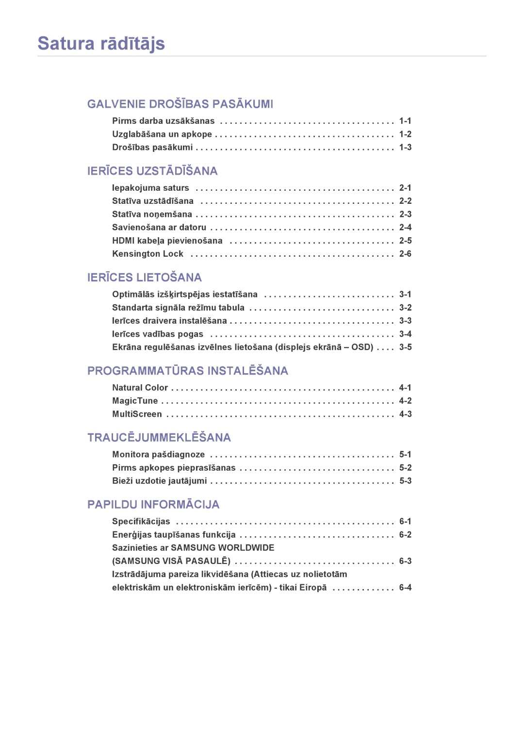 Samsung LS22EFVKUV/EN manual Satura rādītājs, Ierīces Uzstādīšana 