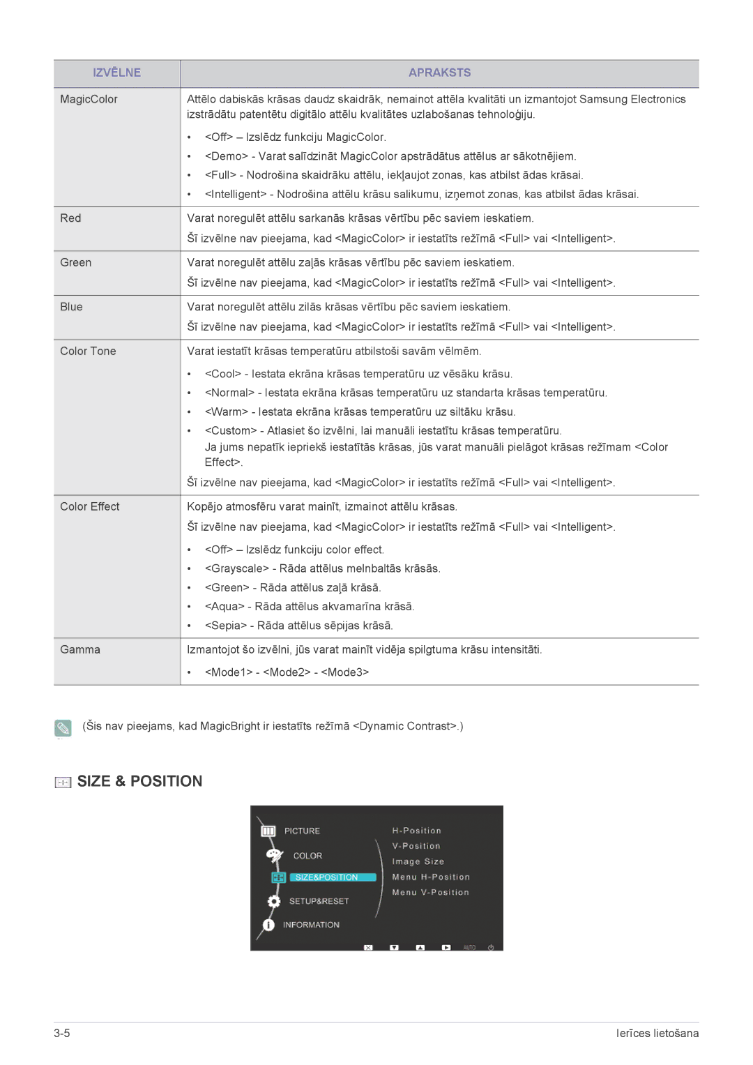 Samsung LS22EFVKUV/EN manual Size & Position 