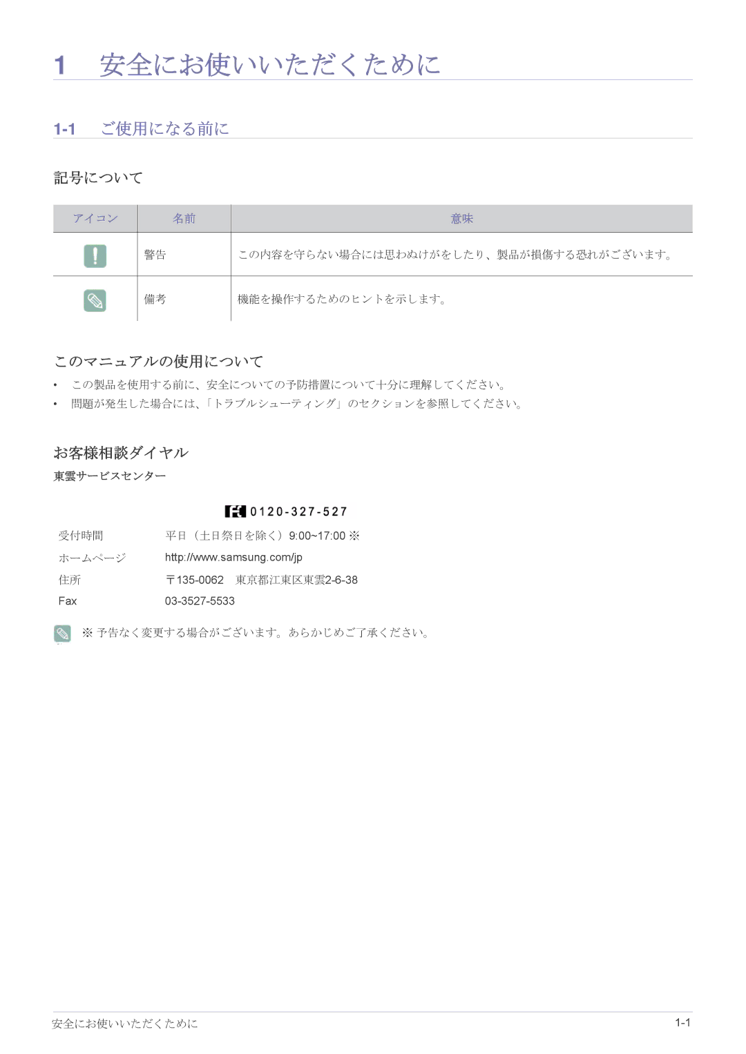 Samsung LS20EFVKUV/XJ, LS22EFVKUV/XJ manual 安全にお使いいただくために, 1ご使用になる前に, 記号について, このマニュアルの使用について, お客様相談ダイヤル 