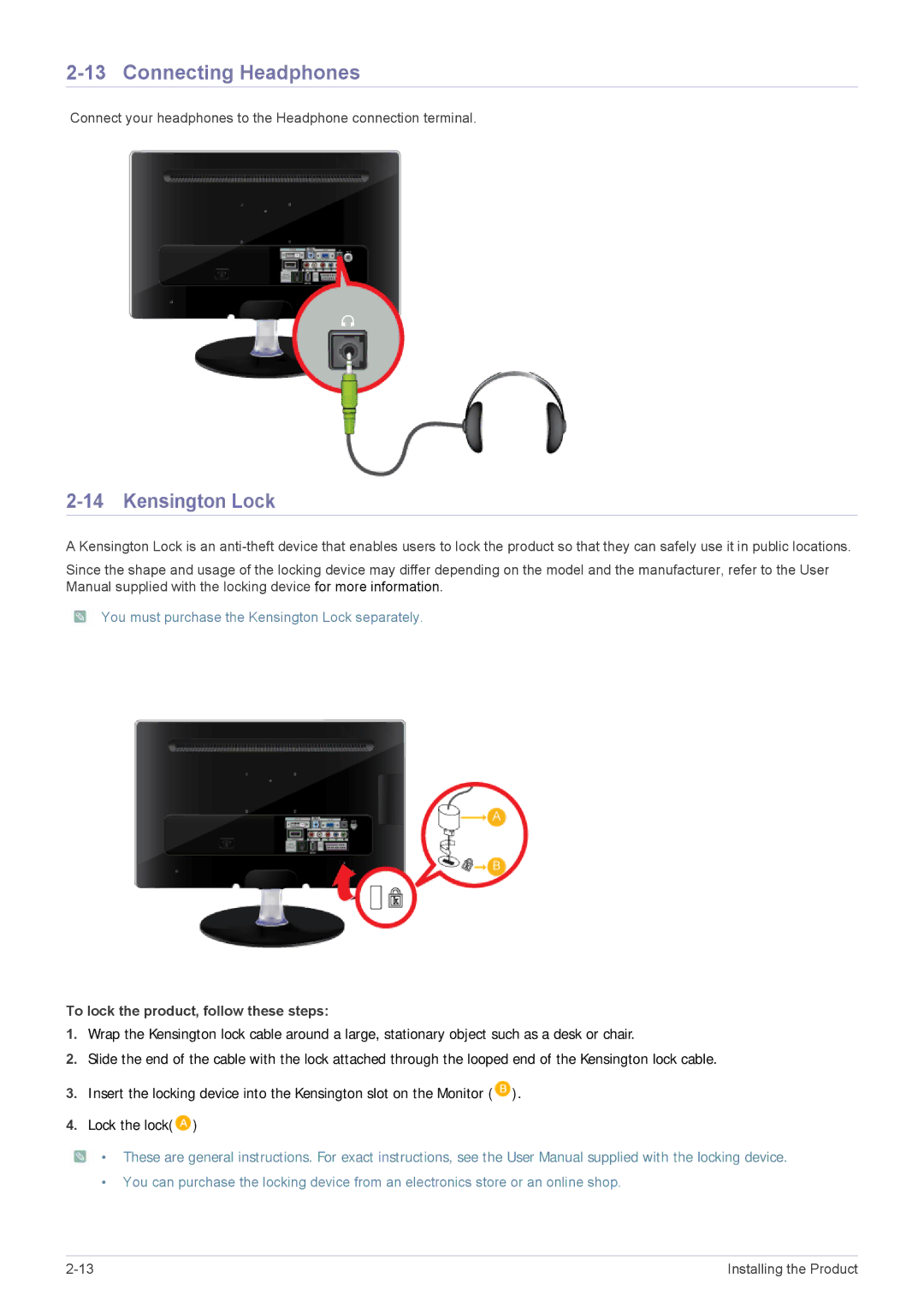 Samsung LS22ELDKF/XE, LS22ELDKF/EN manual Connecting Headphones, You must purchase the Kensington Lock separately 