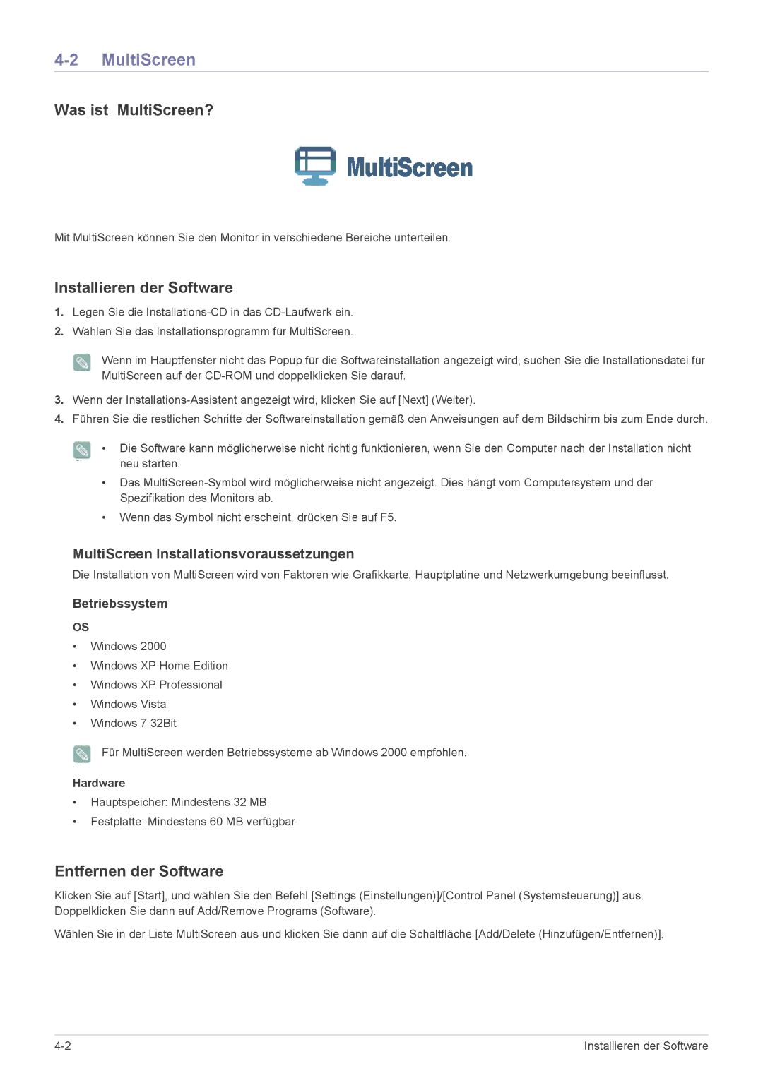 Samsung LS22ELDKF/EN, LS23ELDKF/EN Was ist MultiScreen?, Installieren der Software, Entfernen der Software, Hardware 