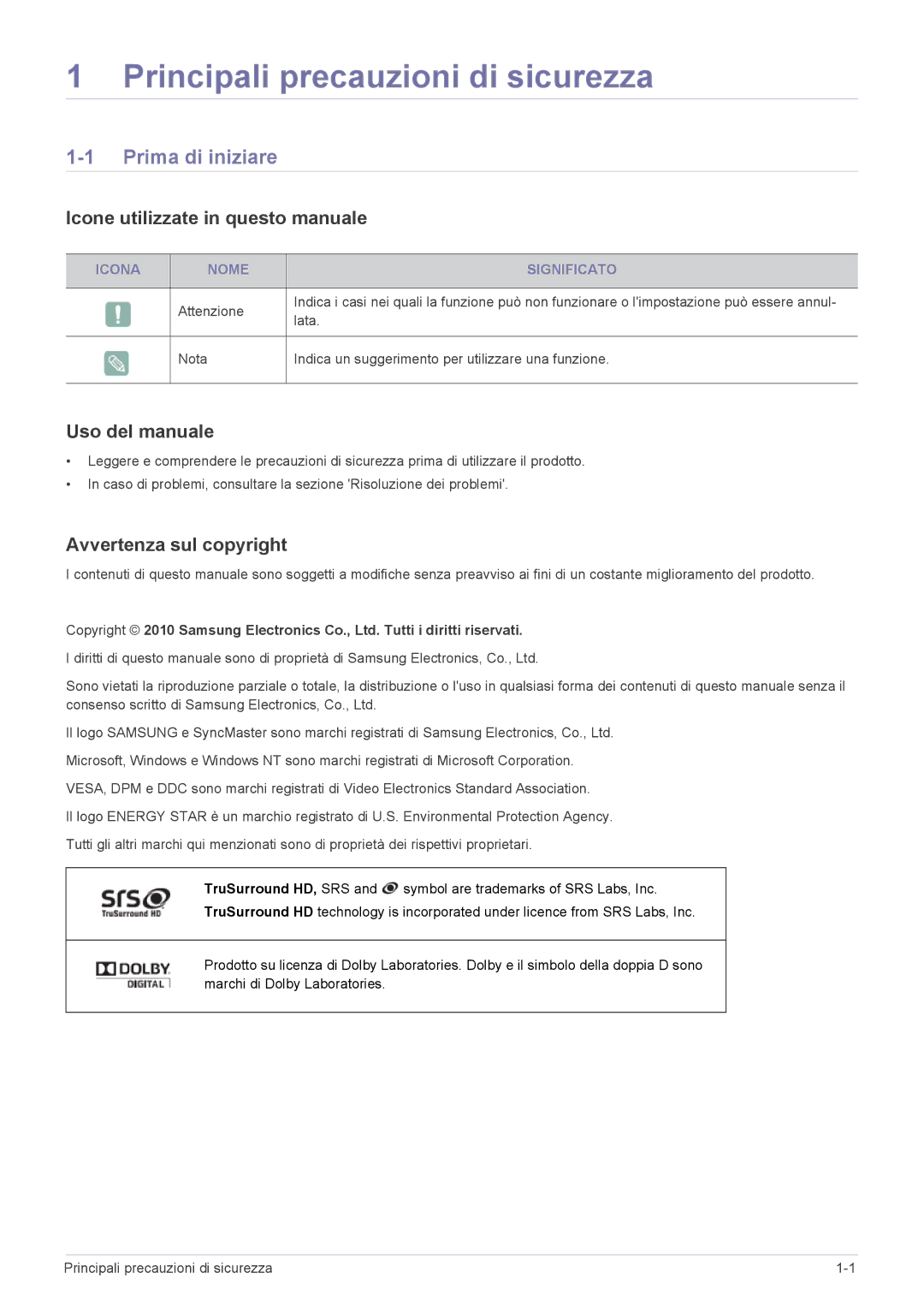 Samsung LS23ELDKF/EN Prima di iniziare, Icone utilizzate in questo manuale, Uso del manuale, Avvertenza sul copyright 