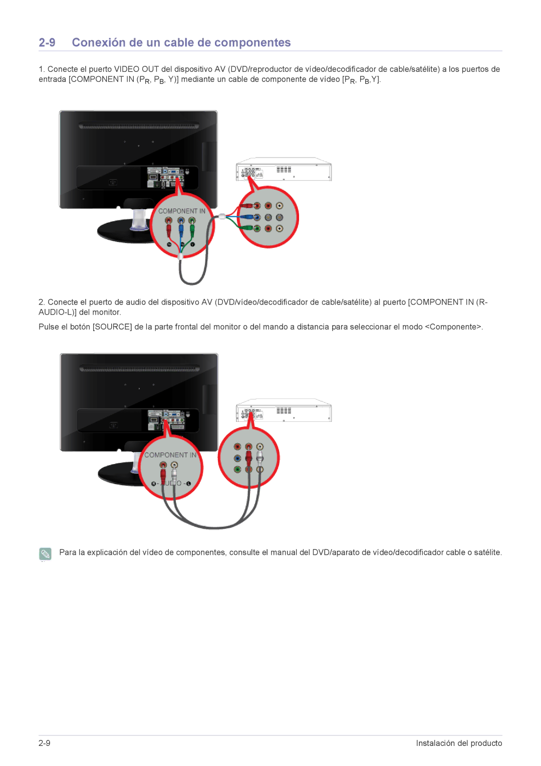 Samsung LS22ELDKF/EN, LS23ELDKF/EN manual Conexión de un cable de componentes 