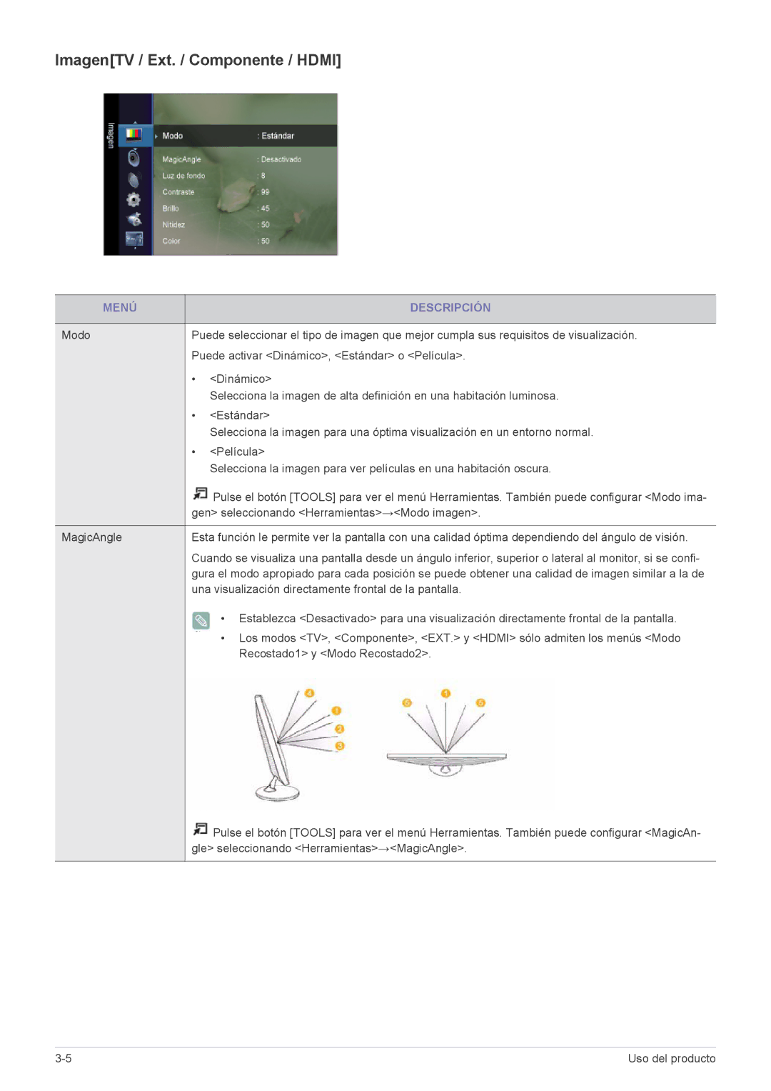 Samsung LS22ELDKF/EN, LS23ELDKF/EN manual ImagenTV / Ext. / Componente / Hdmi, Gen seleccionando Herramientas→Modo imagen 