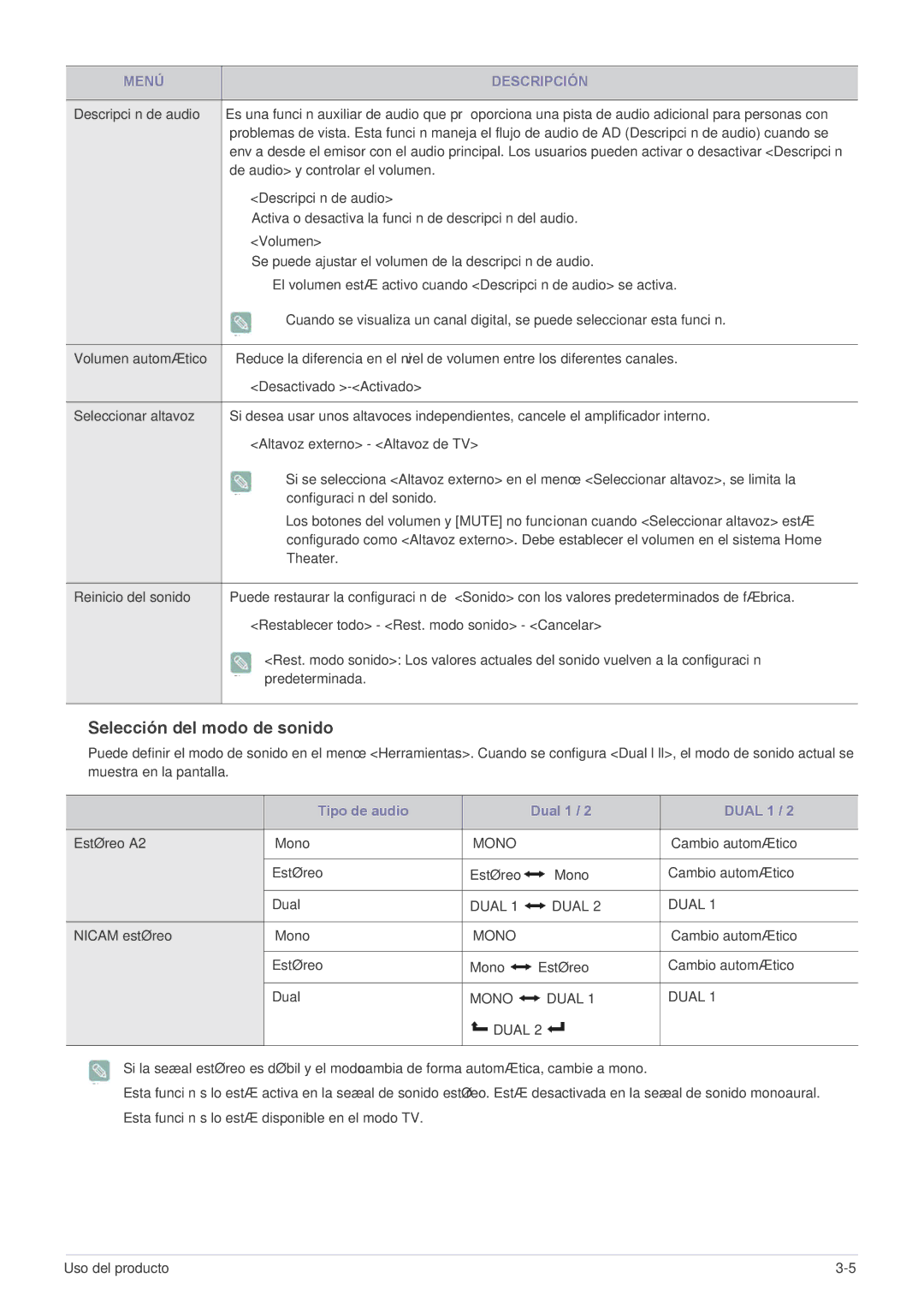 Samsung LS23ELDKF/EN De audio y controlar el volumen, Descripción de audio, Volumen, Estéreo A2 Mono, Cambio automático 