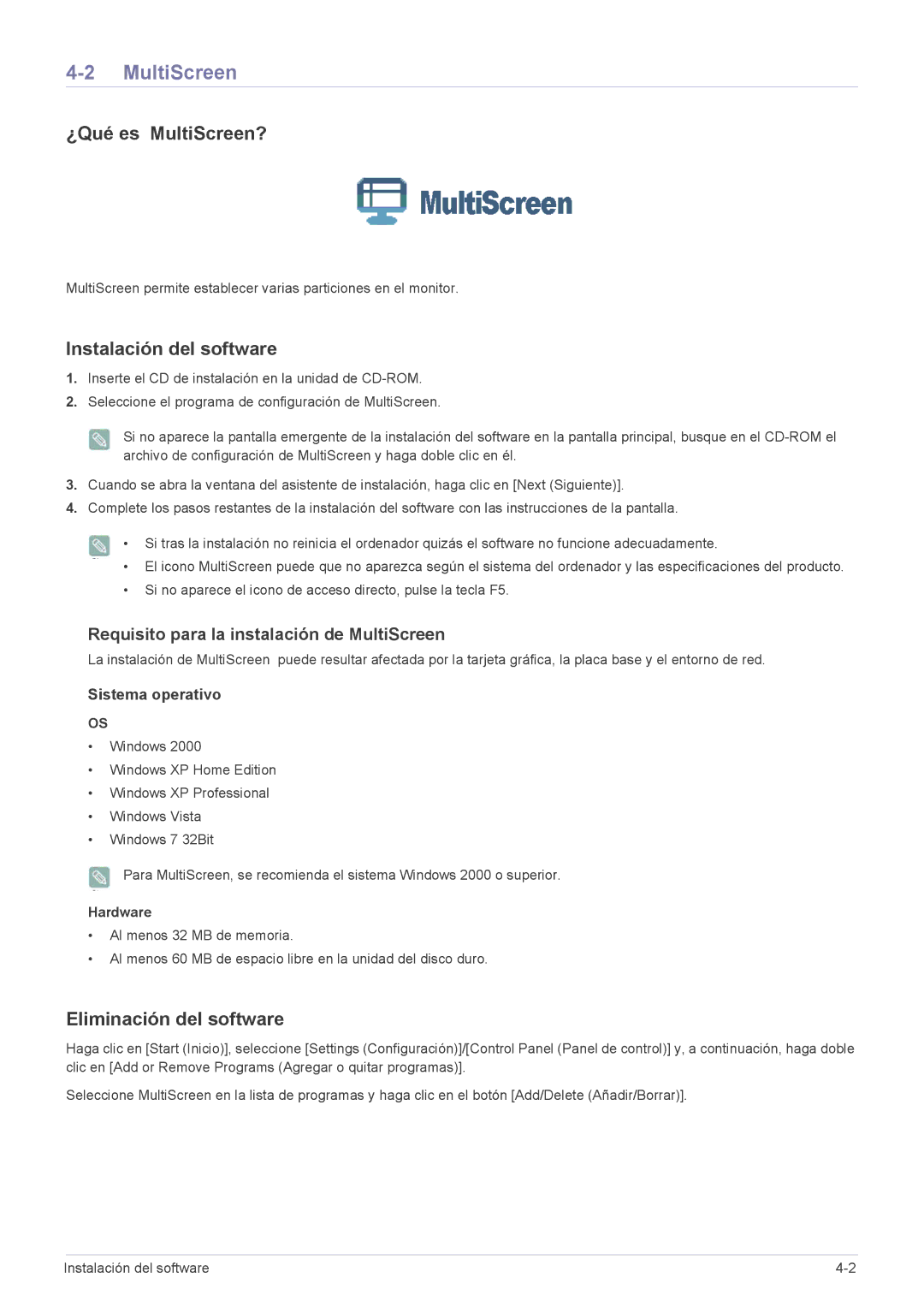 Samsung LS22ELDKF/EN, LS23ELDKF/EN ¿Qué es MultiScreen?, Instalación del software, Eliminación del software, Hardware 