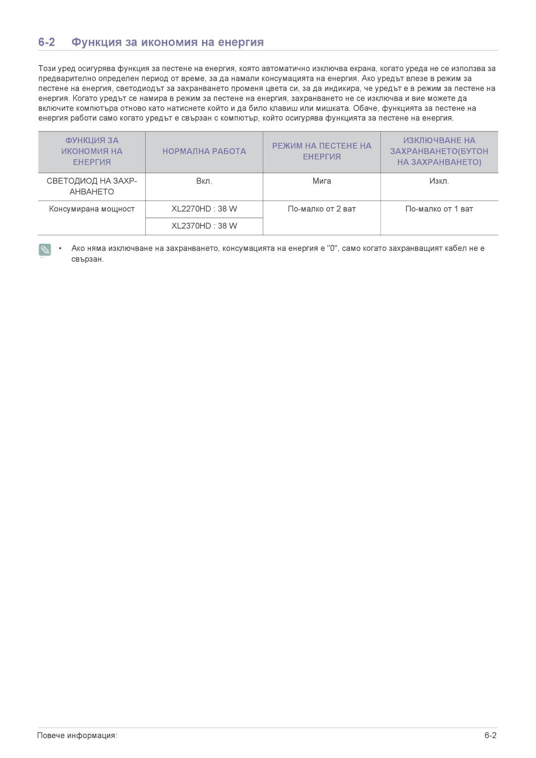 Samsung LS22ELDKF/EN, LS23ELDKF/EN manual Функция за икономия на енергия, Мига, XL2270HD 38 W По-малко от Ват, XL2370HD 38 W 