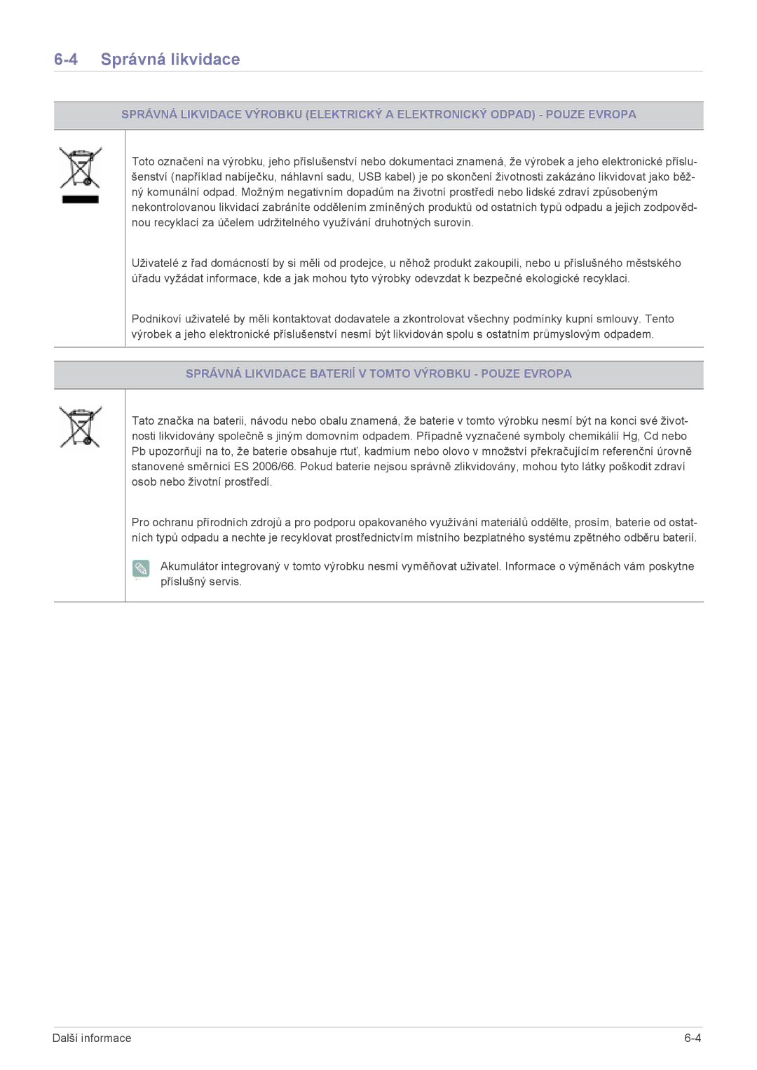 Samsung LS23ELDKF/EN, LS22ELDKF/EN manual Správná likvidace, Správná Likvidace Baterií V Tomto Výrobku Pouze Evropa 