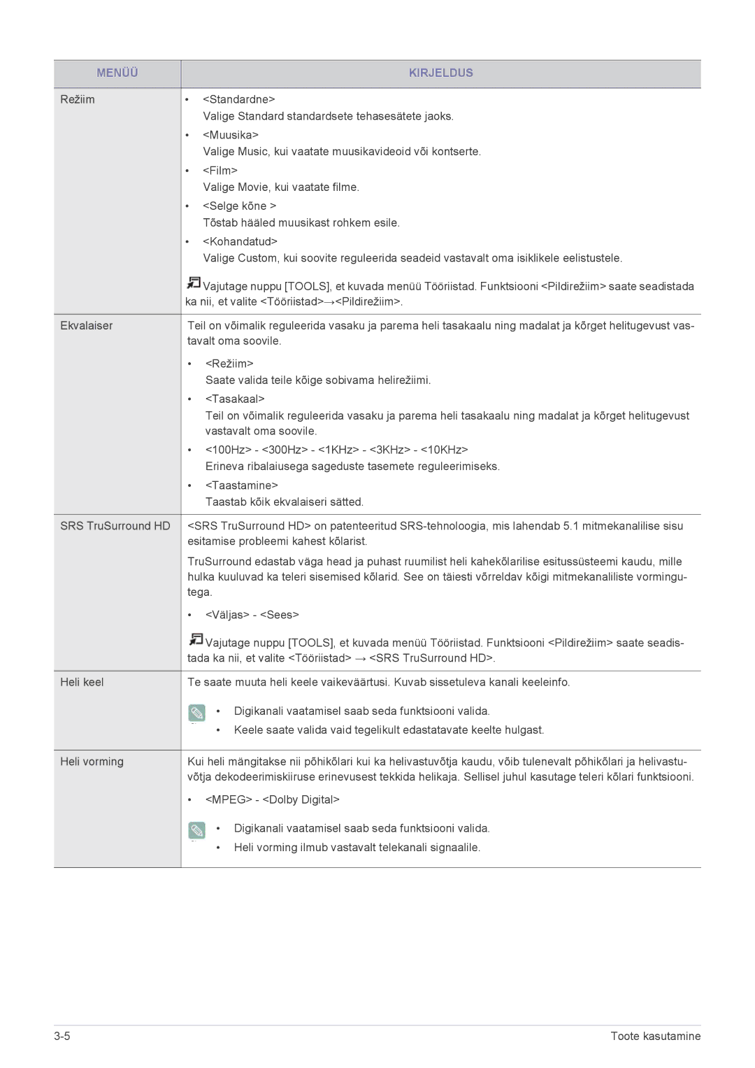 Samsung LS22ELDKF/EN Ka nii, et valite Tööriistad→Pildirežiim, Tavalt oma soovile, Tasakaal, Vastavalt oma soovile, Tega 