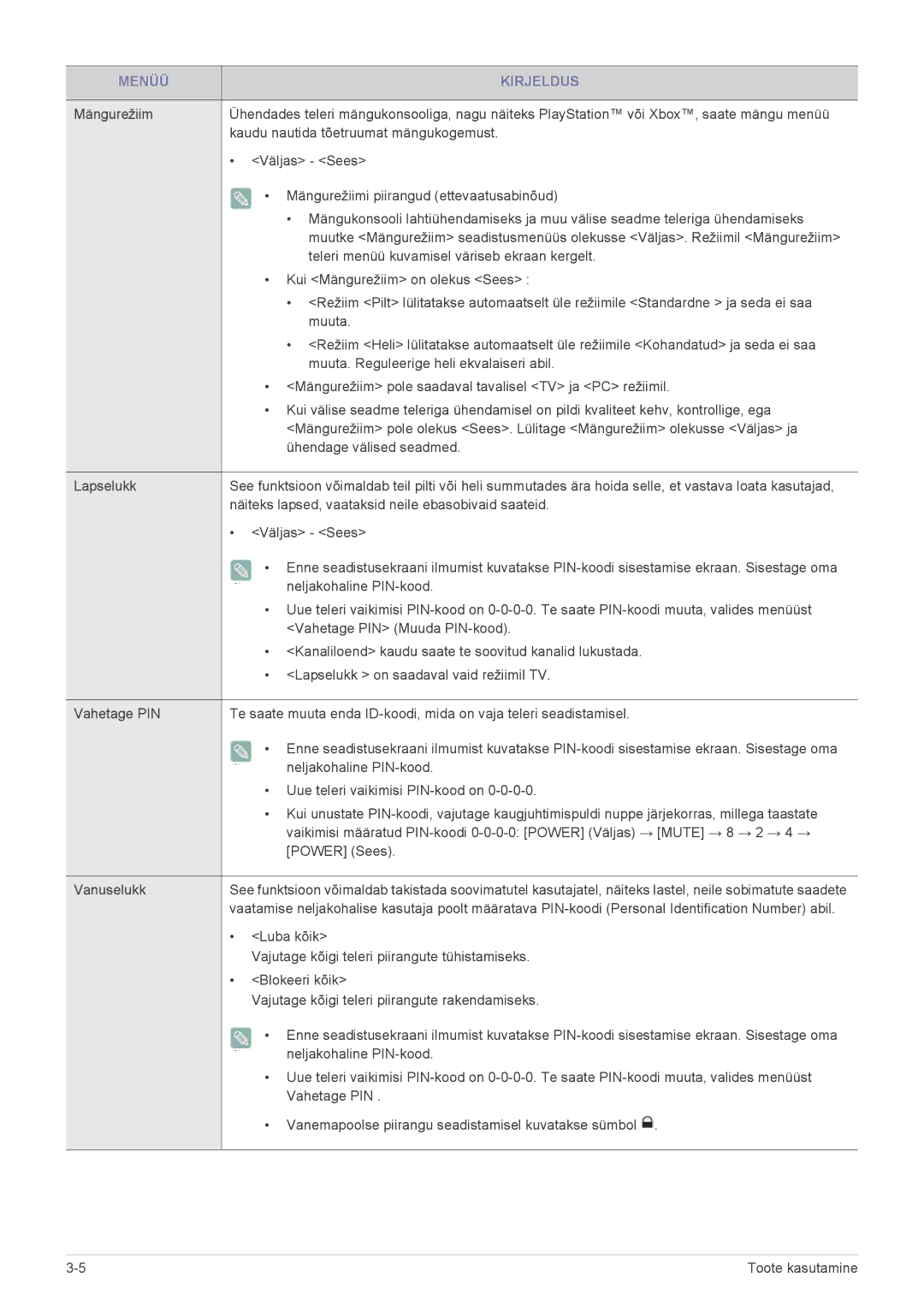 Samsung LS22ELDKF/EN manual Teleri menüü kuvamisel väriseb ekraan kergelt, Kui Mängurežiim on olekus Sees, Muuta, Luba kõik 