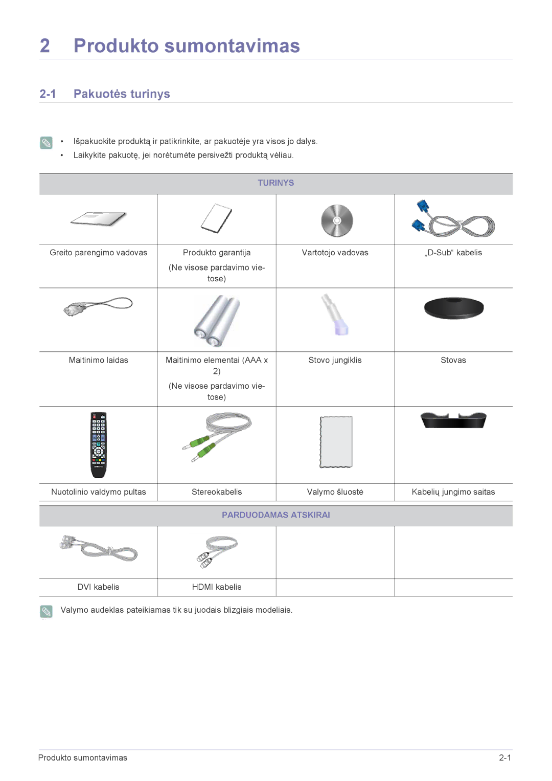 Samsung LS23ELDKF/EN, LS22ELDKF/EN manual Pakuotės turinys, Turinys, Maitinimo elementai AAA, Parduodamas Atskirai 