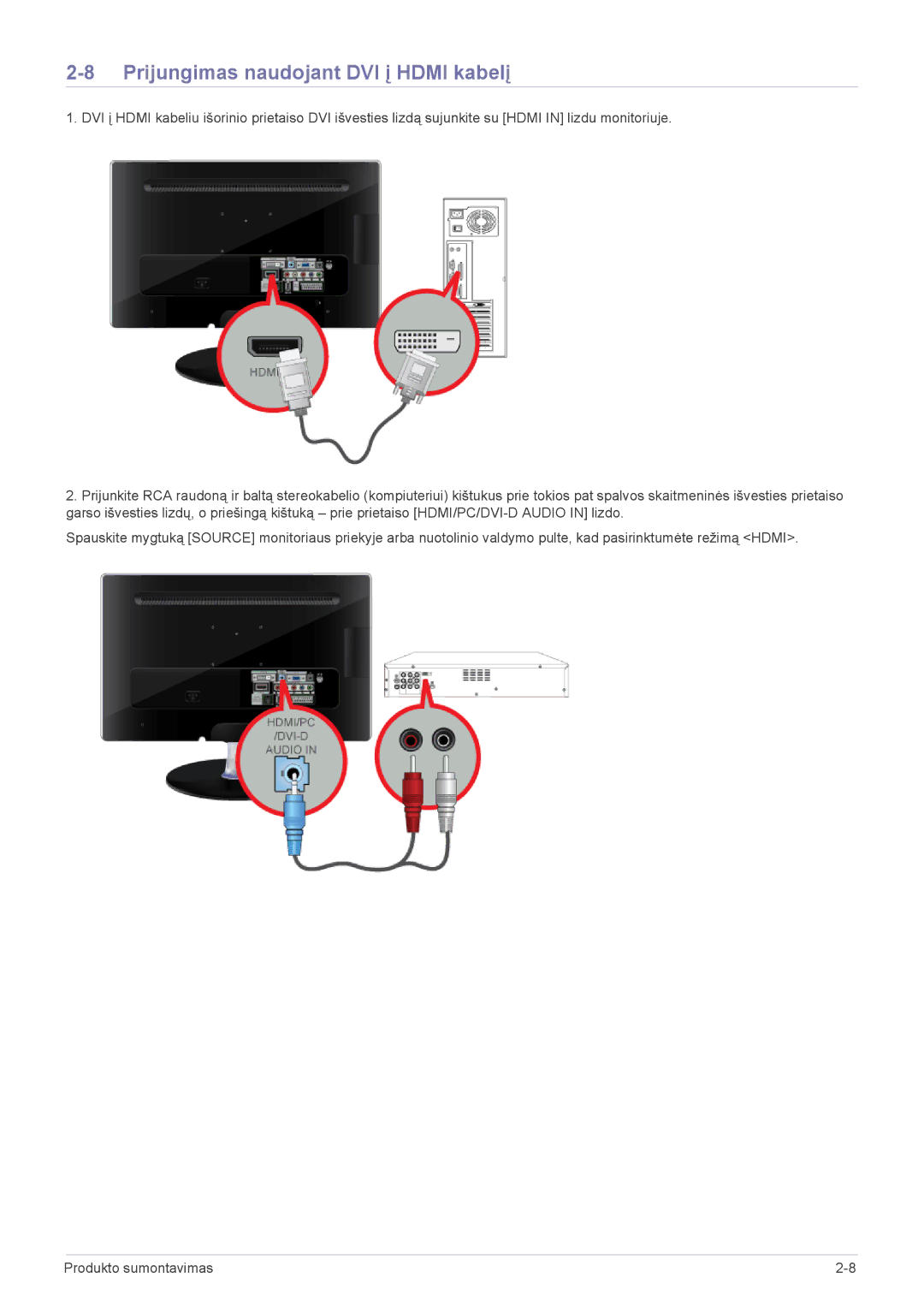 Samsung LS23ELDKF/EN, LS22ELDKF/EN manual Prijungimas naudojant DVI į Hdmi kabelį 