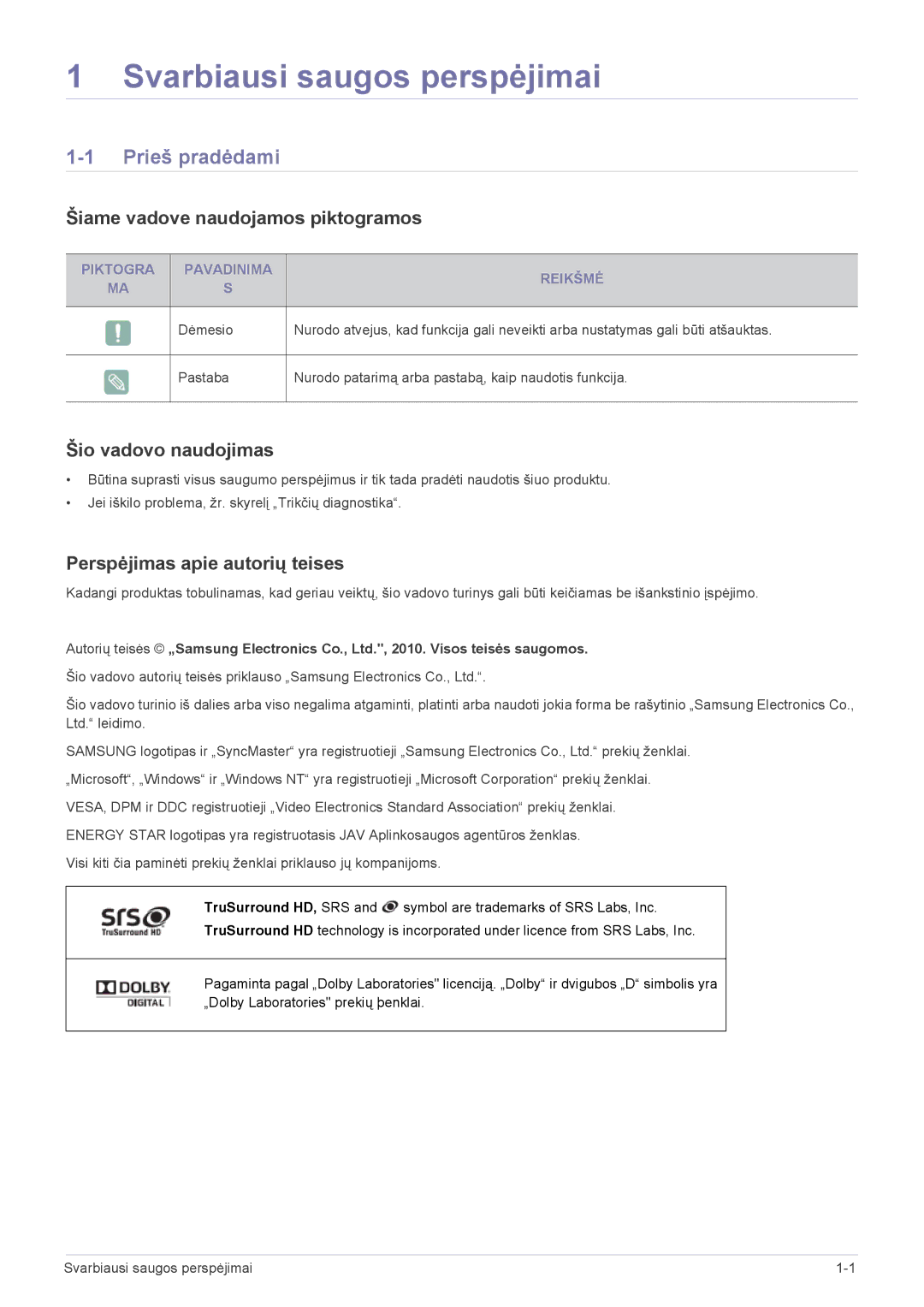 Samsung LS23ELDKF/EN, LS22ELDKF/EN manual Prieš pradėdami, Šiame vadove naudojamos piktogramos, Šio vadovo naudojimas 