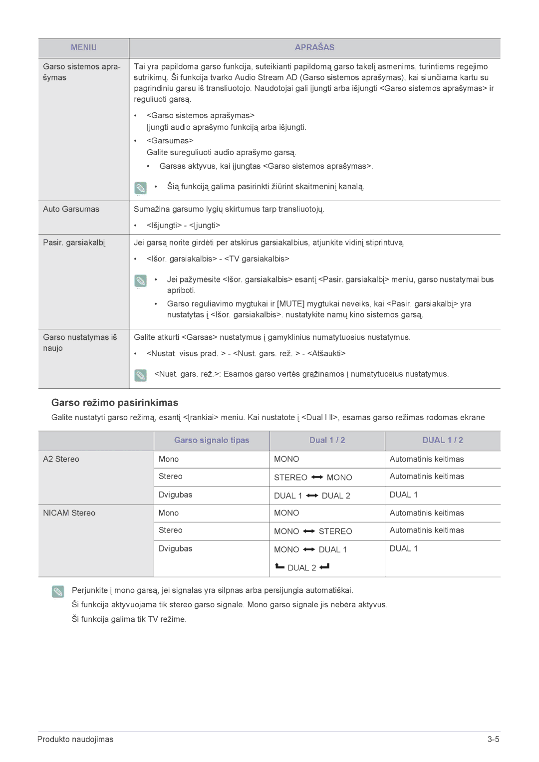 Samsung LS23ELDKF/EN Reguliuoti garsą, Garso sistemos aprašymas, Įjungti audio aprašymo funkciją arba išjungti, Stereo 