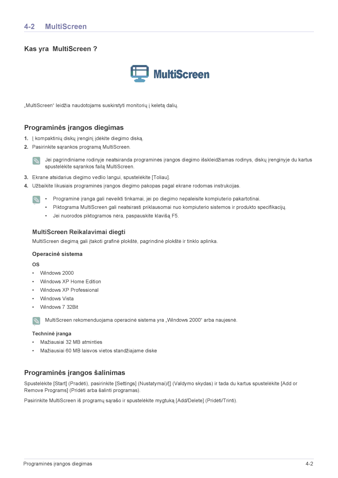 Samsung LS23ELDKF/EN, LS22ELDKF/EN Kas yra MultiScreen ?, Programinės įrangos diegimas, Programinės įrangos šalinimas 