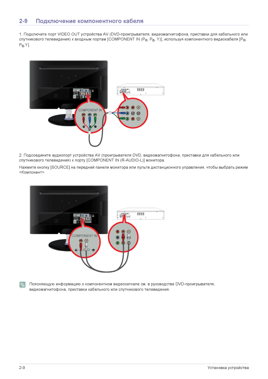 Samsung LS22ELDKF/EN, LS23ELDKF/EN manual Подключение компонентного кабеля 