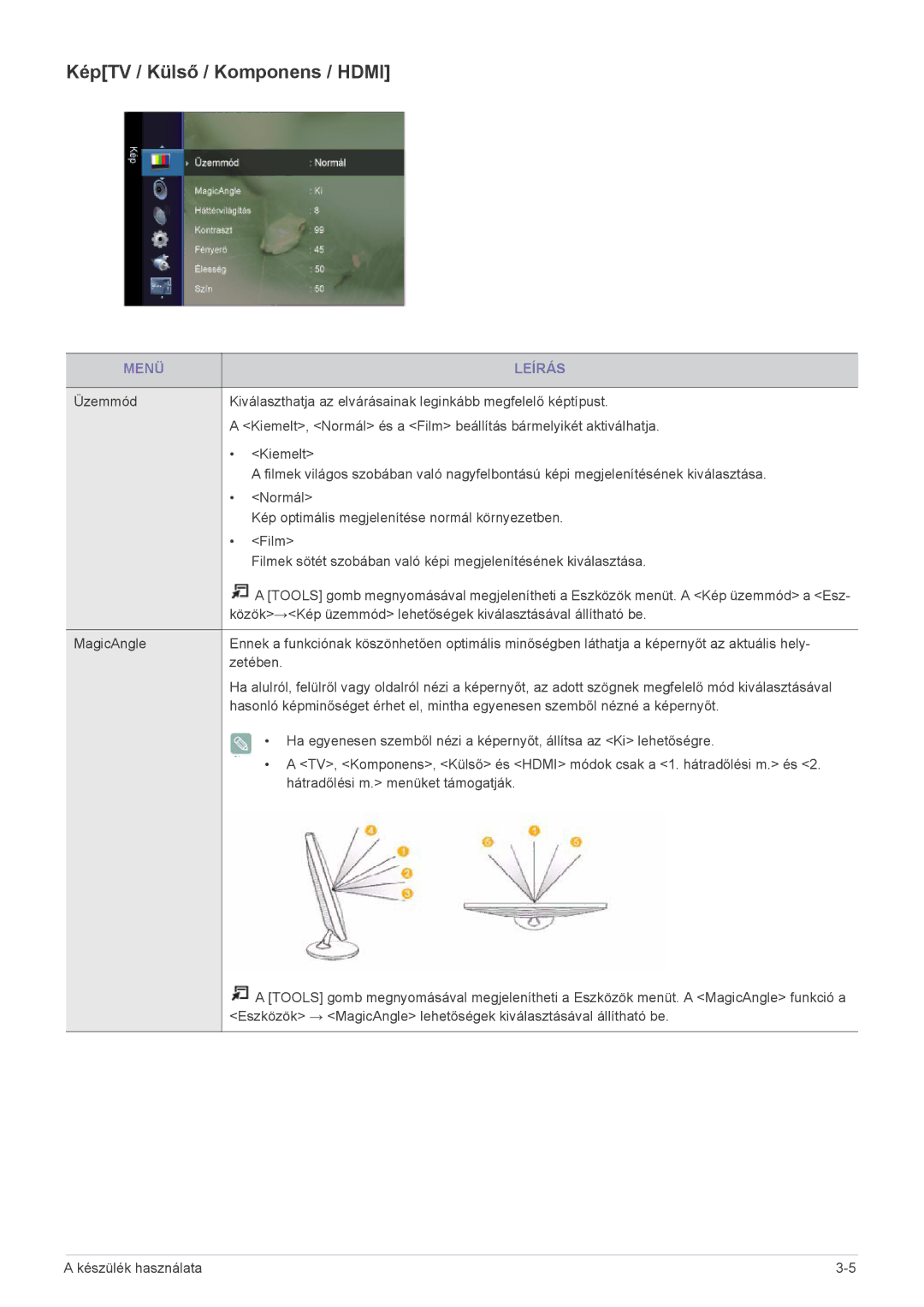 Samsung LS23ELDKF/EN, LS22ELDKF/EN manual KépTV / Külső / Komponens / Hdmi 