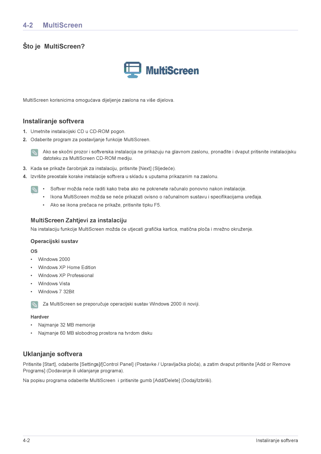 Samsung LS22ELDKF/EN, LS23ELDKF/EN manual Što je MultiScreen?, Instaliranje softvera, Uklanjanje softvera, Hardver 