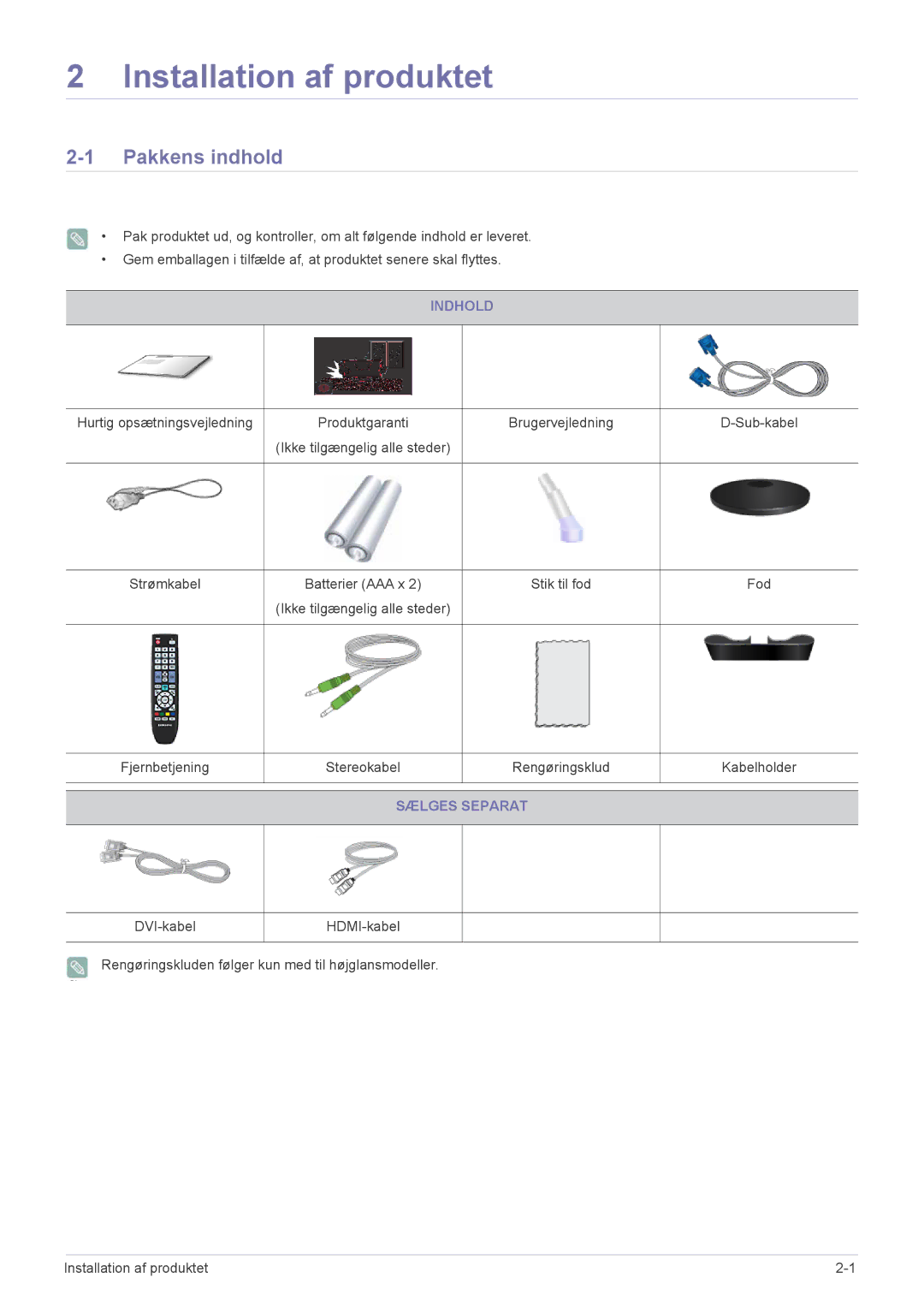 Samsung LS23ELDKF/XE, LS22ELDKF/XE manual Pakkens indhold, Indhold, Sælges Separat 