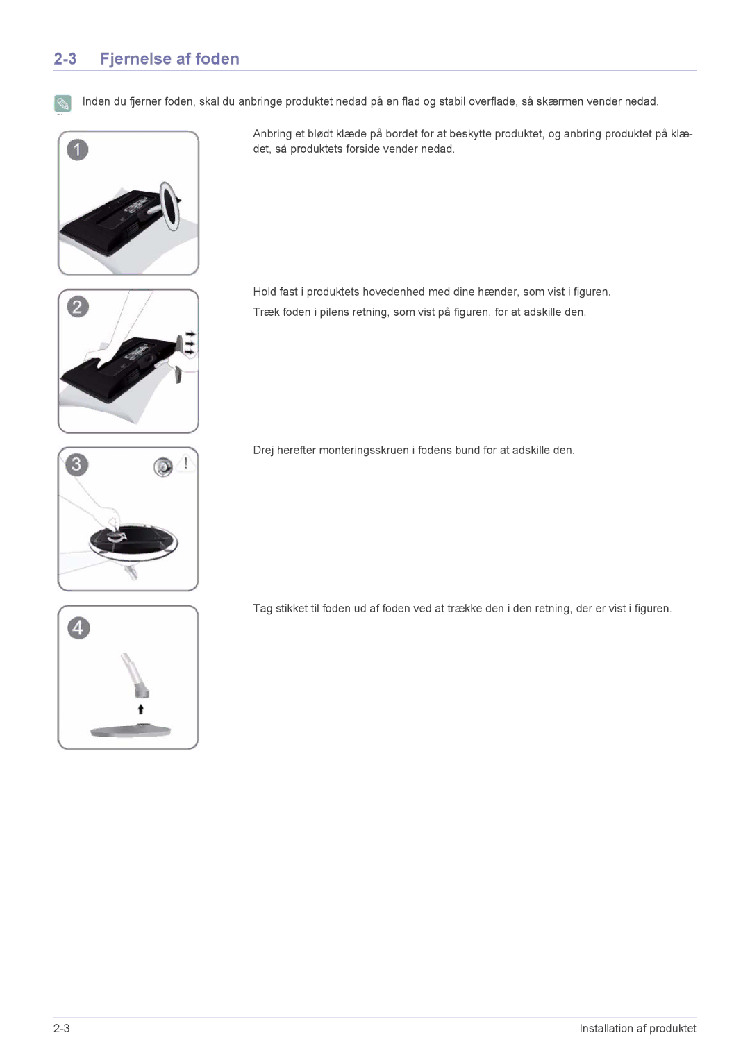 Samsung LS22ELDKF/XE, LS23ELDKF/XE manual Fjernelse af foden 