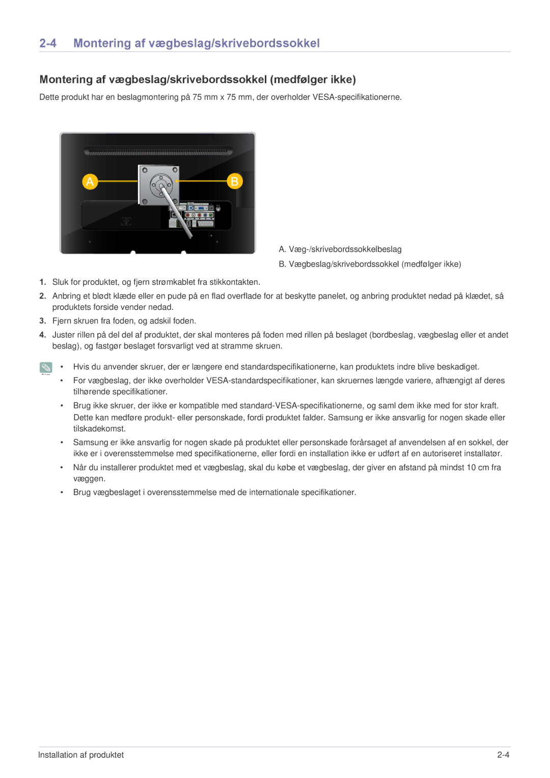 Samsung LS23ELDKF/XE, LS22ELDKF/XE manual Montering af vægbeslag/skrivebordssokkel medfølger ikke 