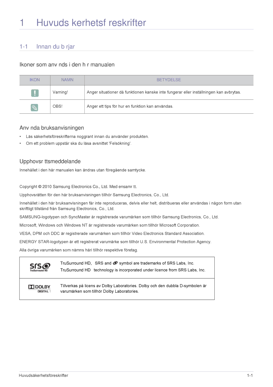 Samsung LS23ELDKF/XE Innan du börjar, Ikoner som används i den här manualen, Använda bruksanvisningen, Ikon Namn Betydelse 