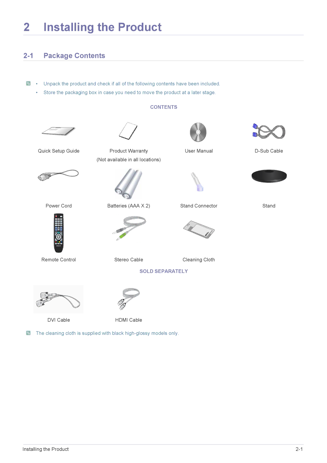 Samsung LS23EMDKF/EN, LS22EMDKU/EN, LS23EMDKU/EN, LS22EMDKF/EN, LS23EMDKU/HS manual Installing the Product, Package Contents 