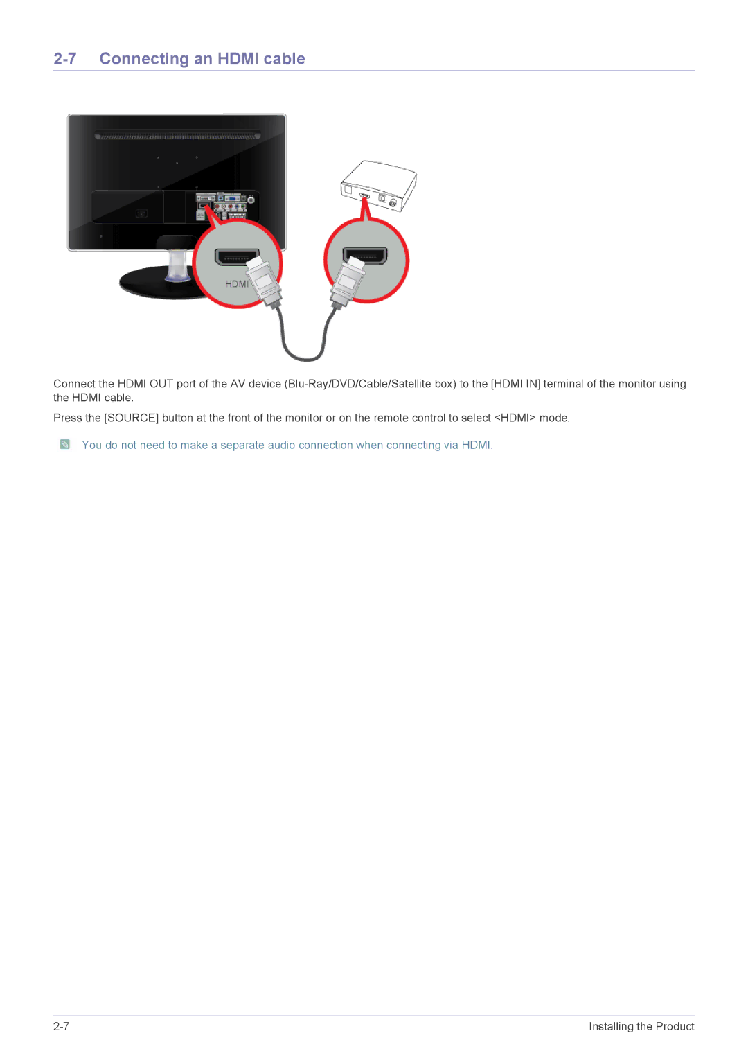 Samsung LS22EMDKF/EN, LS22EMDKU/EN, LS23EMDKU/EN, LS23EMDKF/EN, LS23EMDKU/HS, LS23EMDKU/SM manual Connecting an Hdmi cable 