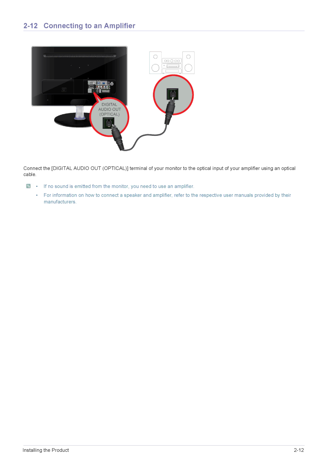 Samsung LS23EMDKUV/SM, LS22EMDKU/EN, LS23EMDKU/EN, LS22EMDKF/EN, LS23EMDKF/EN, LS23EMDKU/HS manual Connecting to an Amplifier 