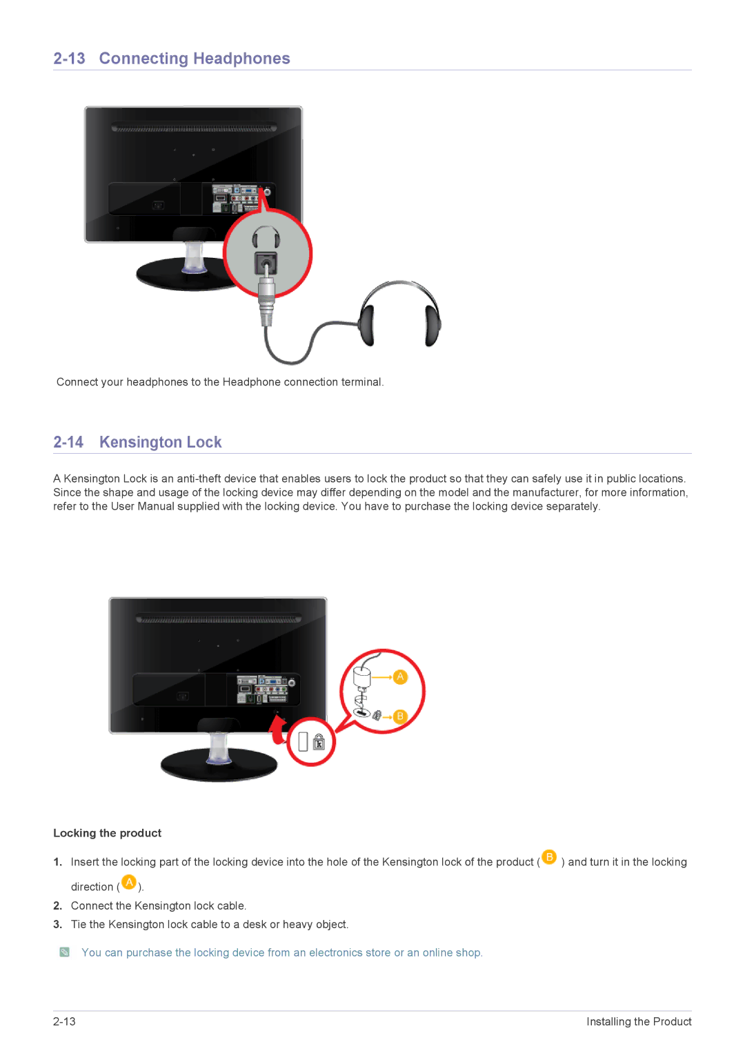 Samsung LS22EMDKU/XE, LS22EMDKU/EN, LS23EMDKU/EN, LS22EMDKF/EN, LS23EMDKF/EN manual Connecting Headphones, Kensington Lock 