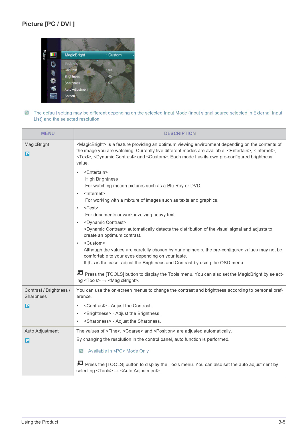 Samsung LS23EMDKUV/SM, LS22EMDKU/EN, LS23EMDKU/EN manual Picture PC / DVI, Menu Description, Available in PC Mode Only 