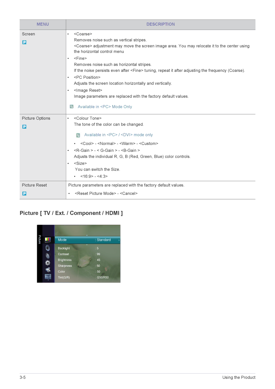 Samsung LS22EMDKU/XE, LS22EMDKU/EN, LS23EMDKU/EN manual Picture TV / Ext. / Component / Hdmi, Available in PC / DVI mode only 