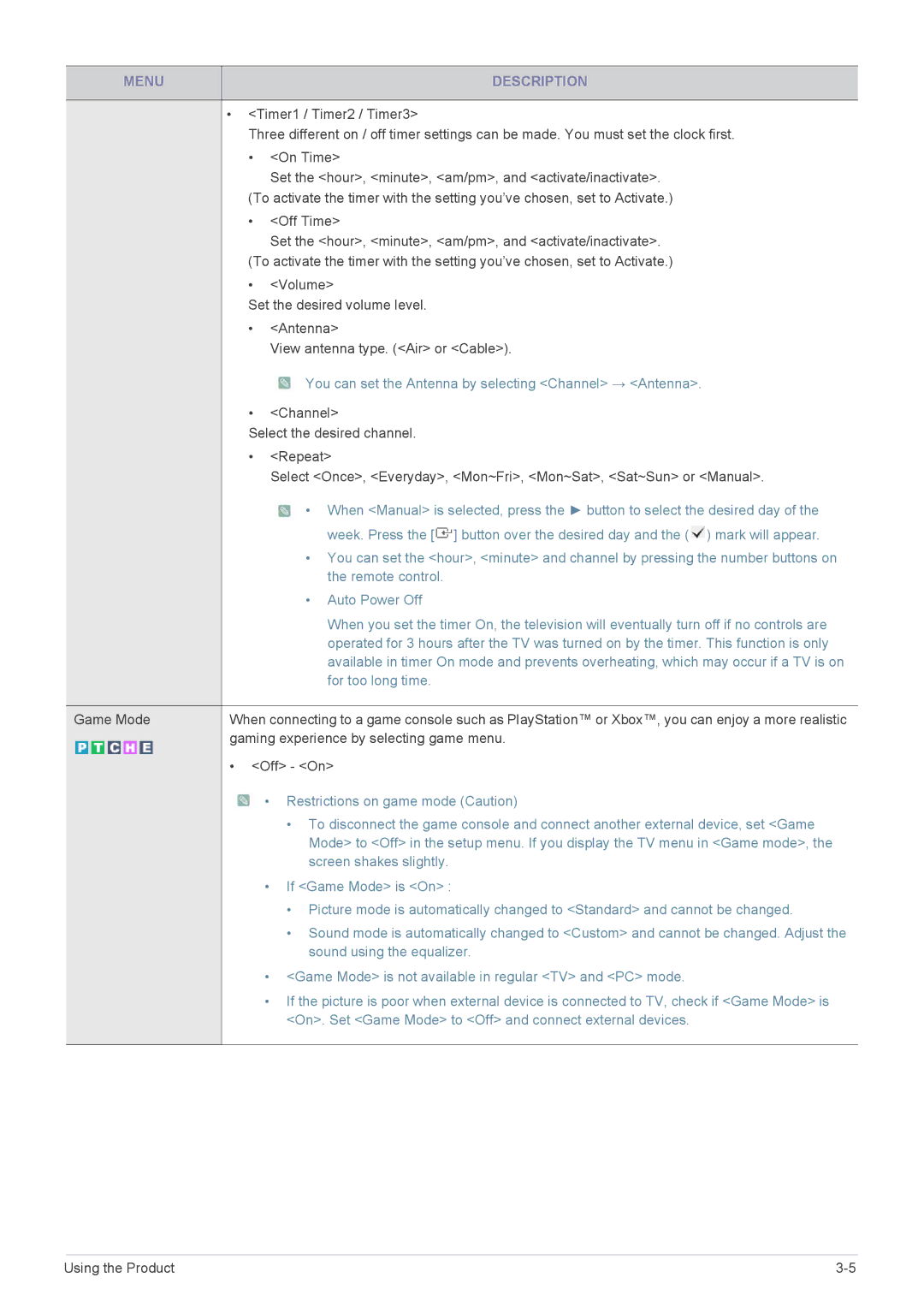 Samsung LS23EMDKU/XE manual You can set the Antenna by selecting Channel → Antenna, Auto Power Off, For too long time 