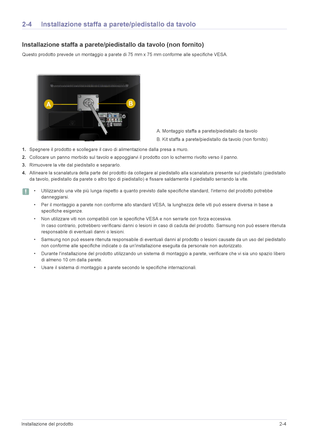 Samsung LS23EMDKU/EN, LS22EMDKU/EN, LS22EMDKF/EN manual Installazione staffa a parete/piedistallo da tavolo 