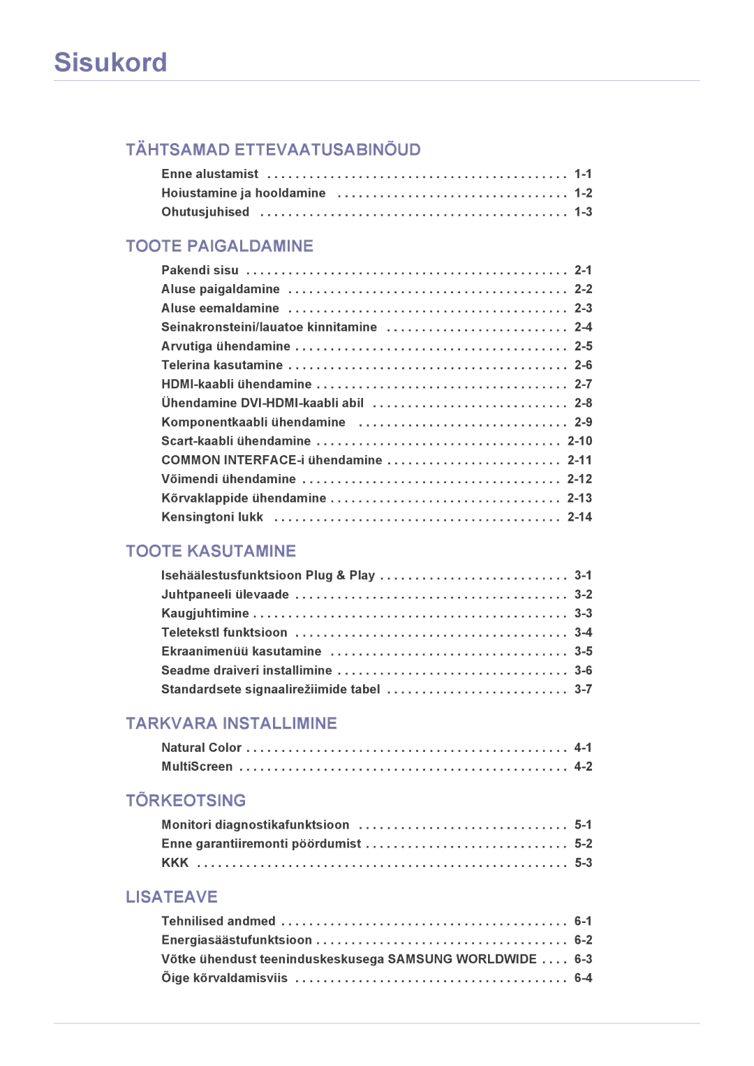 Samsung LS22EMDKU/EN, LS23EMDKU/EN, LS22EMDKF/EN manual Sisukord, Natural Color -1 MultiScreen 