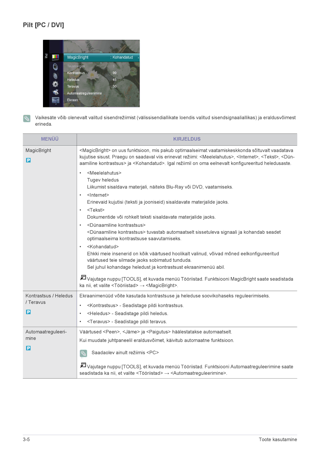 Samsung LS22EMDKF/EN, LS22EMDKU/EN, LS23EMDKU/EN manual Pilt PC / DVI, Menüü Kirjeldus 