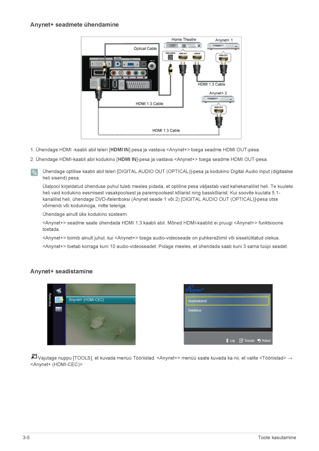 Samsung LS22EMDKU/EN, LS23EMDKU/EN, LS22EMDKF/EN manual Anynet+ seadmete ühendamine 