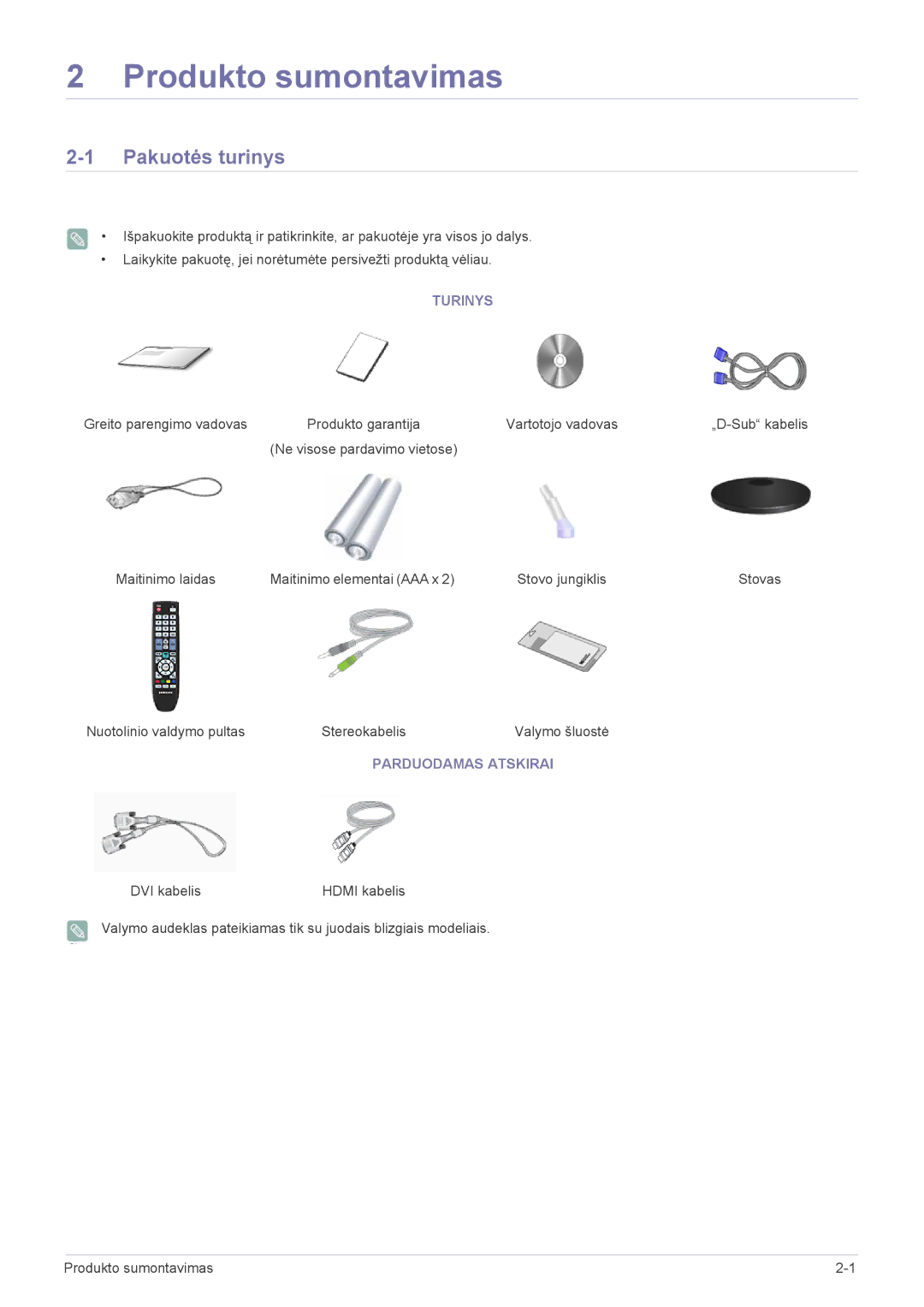 Samsung LS23EMDKU/EN, LS22EMDKU/EN, LS22EMDKF/EN manual Pakuotės turinys, Turinys, Parduodamas Atskirai 