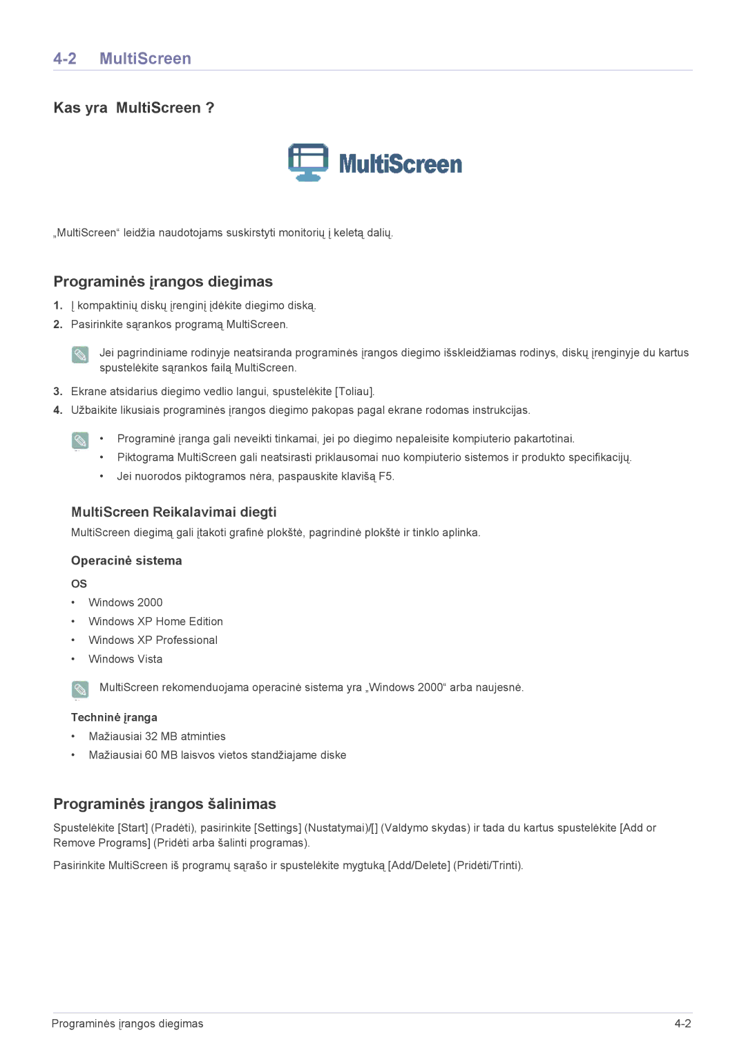 Samsung LS22EMDKU/EN, LS23EMDKU/EN Kas yra MultiScreen ?, Programinės įrangos diegimas, Programinės įrangos šalinimas 