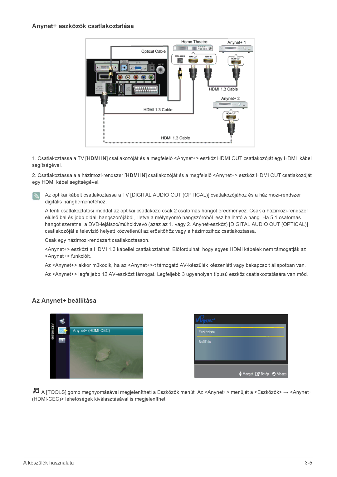 Samsung LS23EMDKU/EN, LS22EMDKU/EN, LS22EMDKU/XE manual Anynet+ eszközök csatlakoztatása 