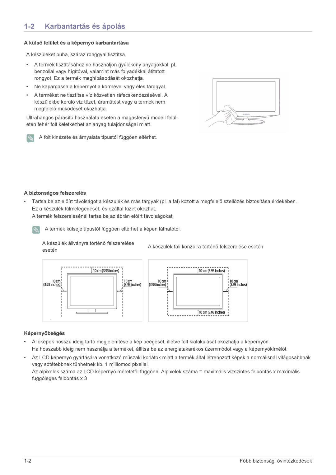 Samsung LS22EMDKU/EN manual Karbantartás és ápolás, Külső felület és a képernyő karbantartása, Biztonságos felszerelés 