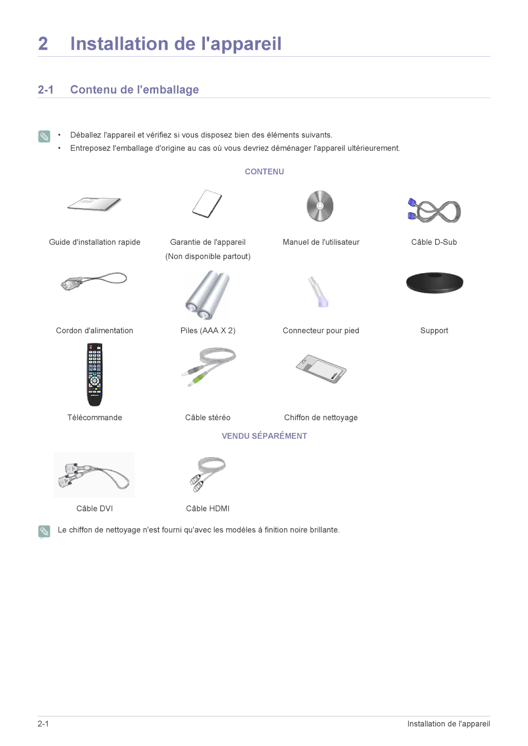 Samsung LS22EMDKU/EN, LS23EMDKU/EN manual Contenu de lemballage, Vendu Séparément 