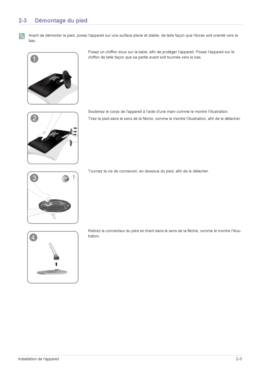 Samsung LS23EMDKU/EN, LS22EMDKU/EN manual Démontage du pied 