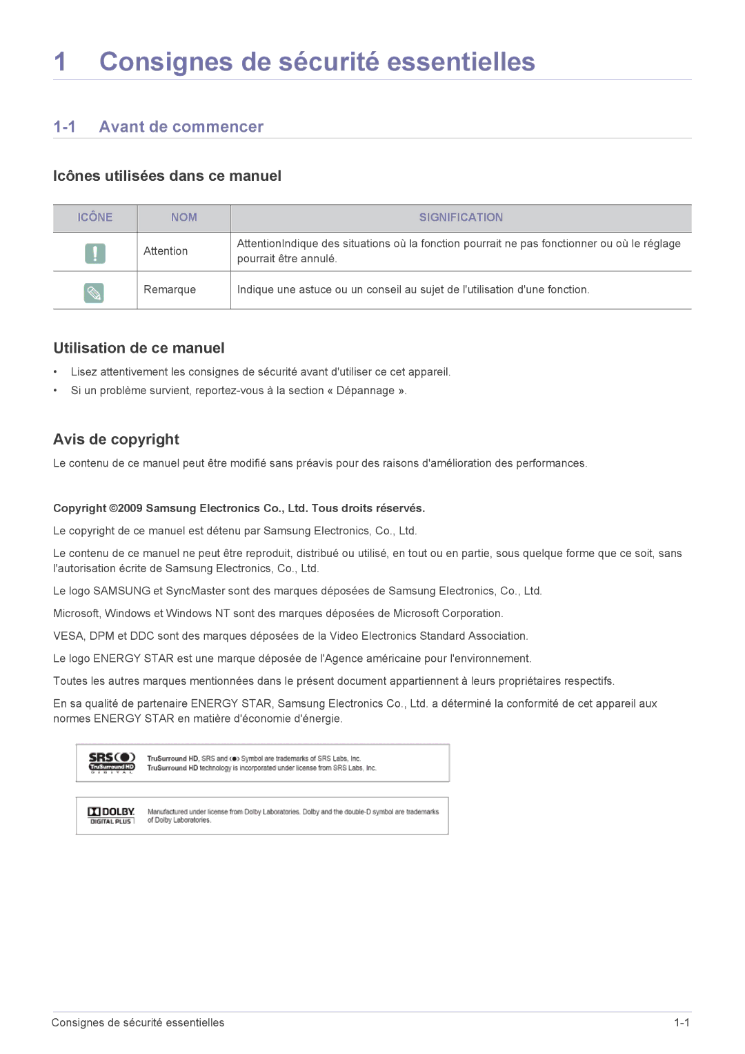 Samsung LS23EMDKU/EN Avant de commencer, Icônes utilisées dans ce manuel, Utilisation de ce manuel, Avis de copyright 