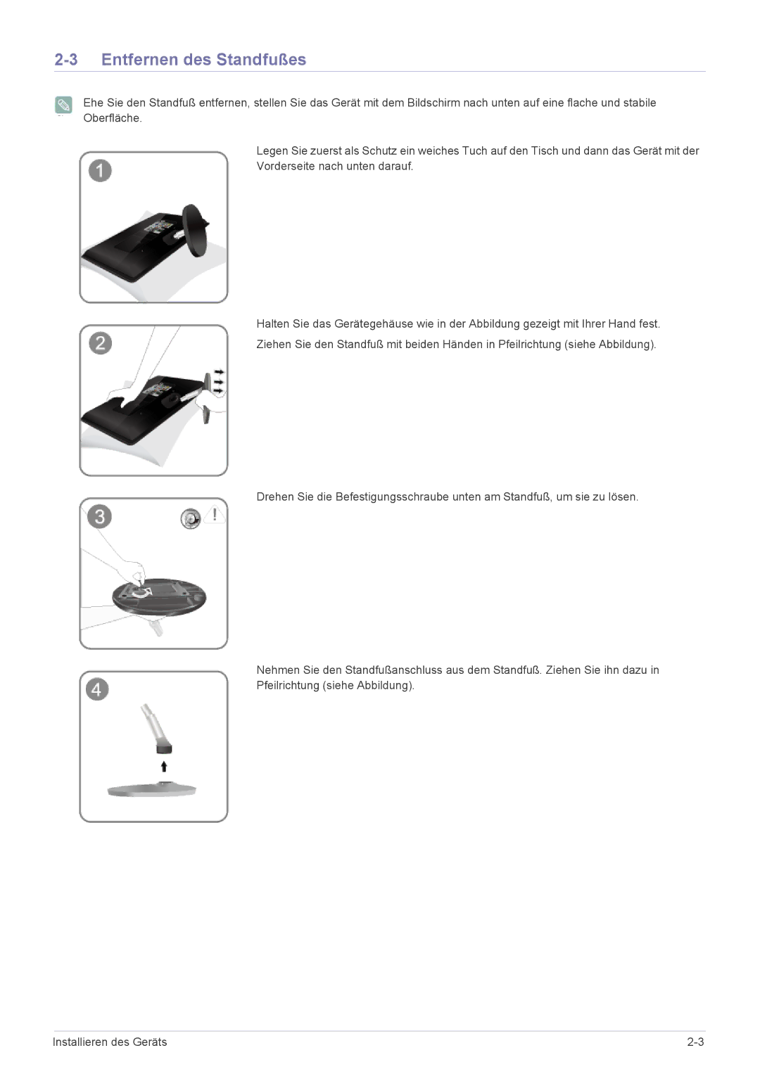 Samsung LS23EMDKU/EN, LS22EMDKU/EN manual Entfernen des Standfußes 