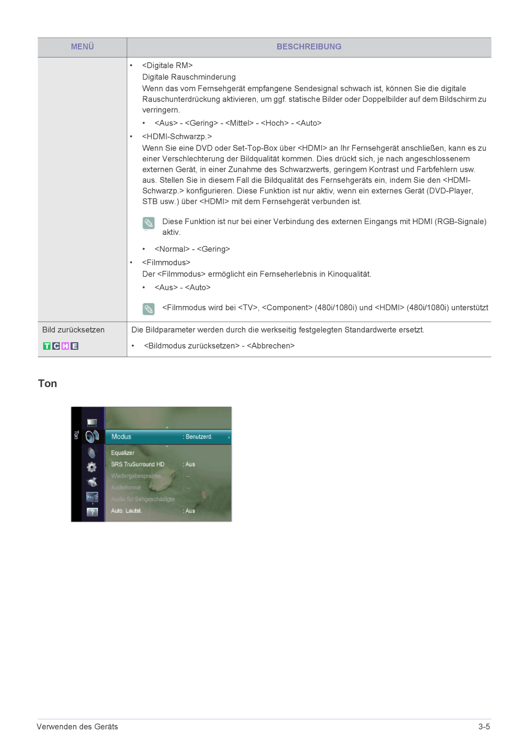 Samsung LS23EMDKU/EN, LS22EMDKU/EN manual Ton, Aktiv, Normal Gering, Filmmodus, Aus Auto 