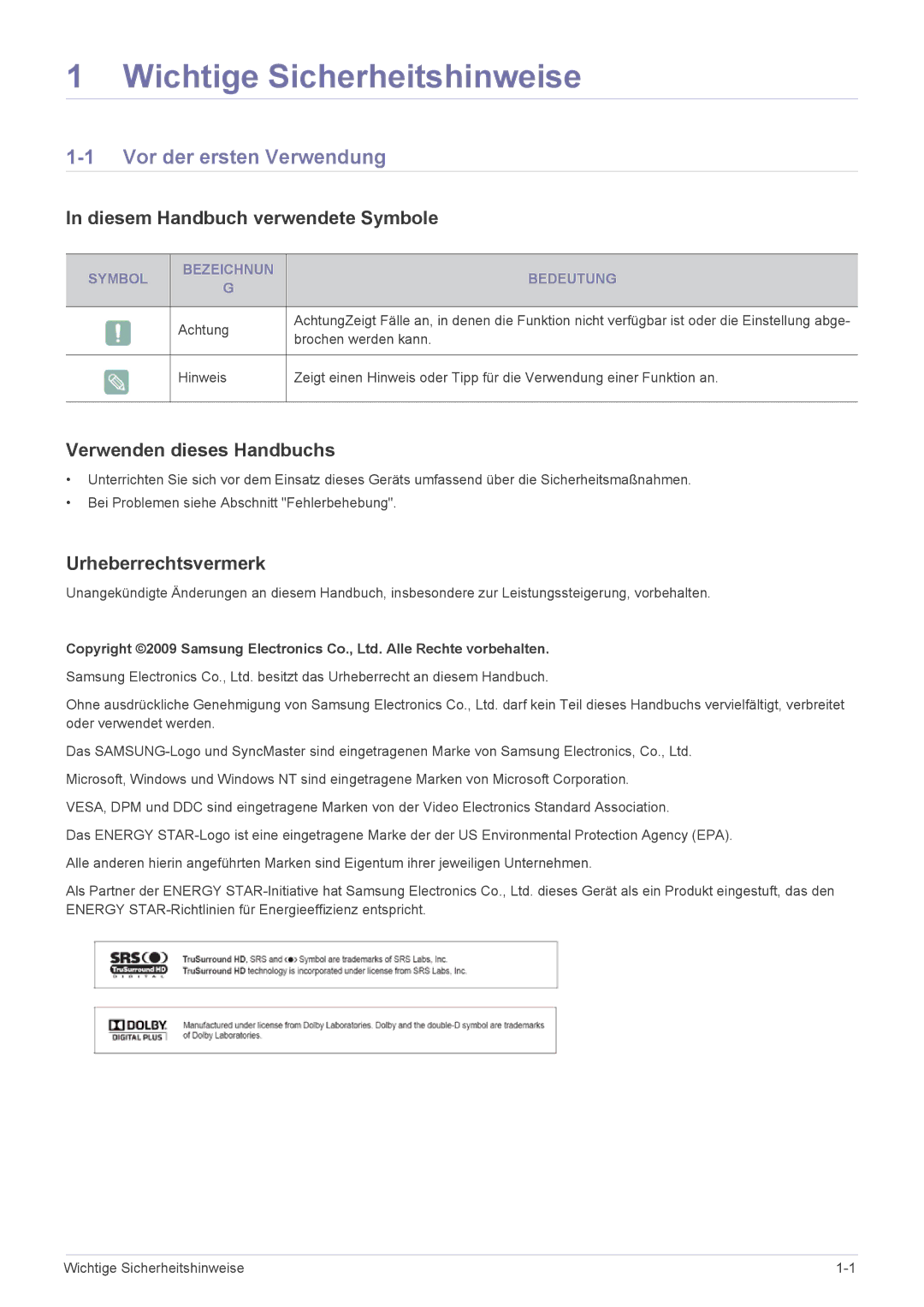 Samsung LS23EMDKU/EN manual Vor der ersten Verwendung, Diesem Handbuch verwendete Symbole, Verwenden dieses Handbuchs 