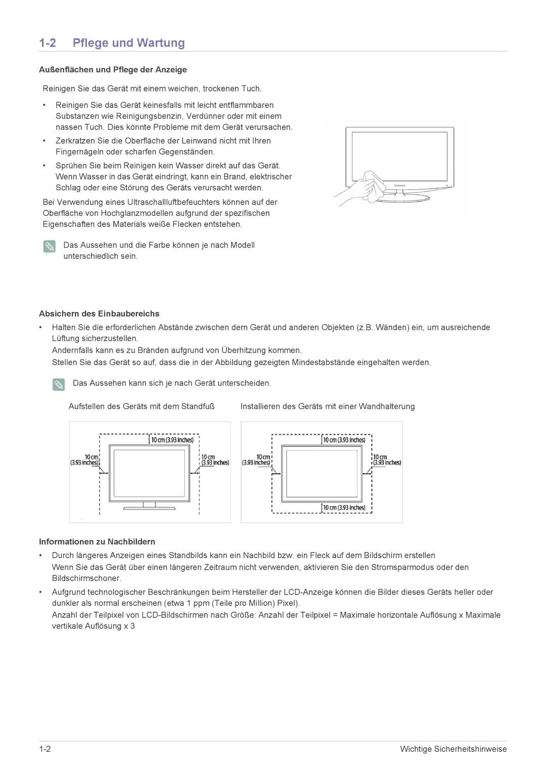 Samsung LS22EMDKU/EN, LS23EMDKU/EN Pflege und Wartung, Außenflächen und Pflege der Anzeige, Absichern des Einbaubereichs 