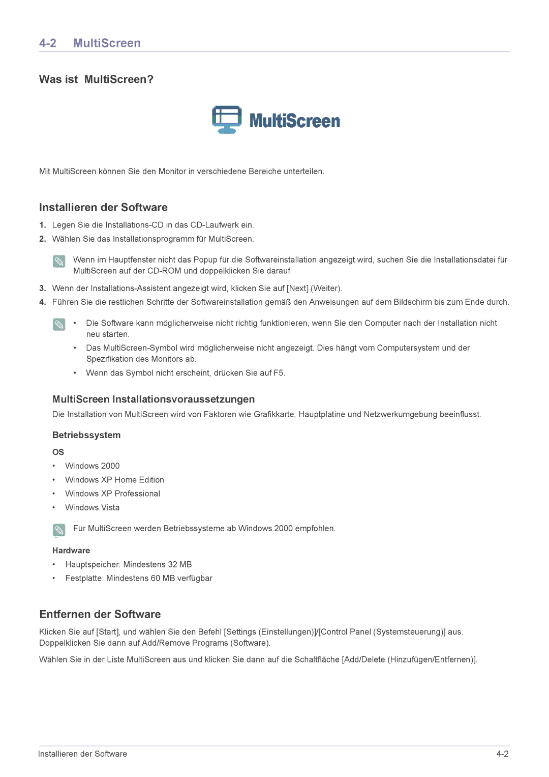 Samsung LS23EMDKU/EN, LS22EMDKU/EN Was ist MultiScreen?, Installieren der Software, Entfernen der Software, Hardware 