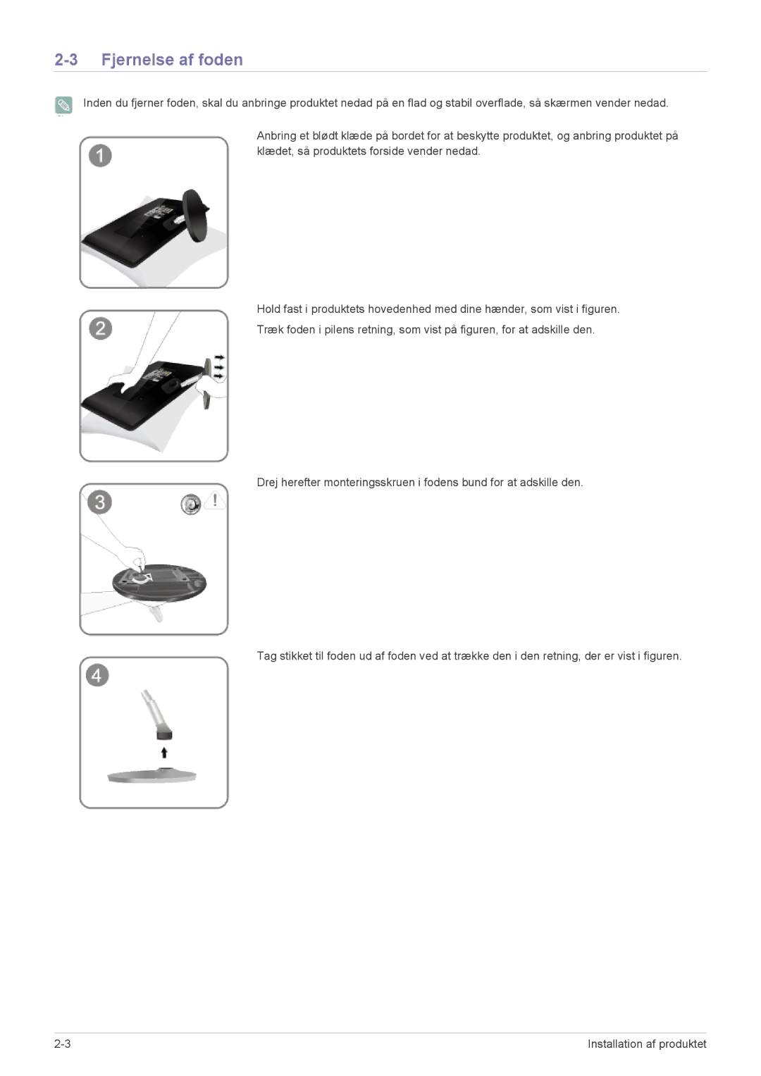 Samsung LS22EMDKU/XE, LS23EMDKU/XE manual Fjernelse af foden 